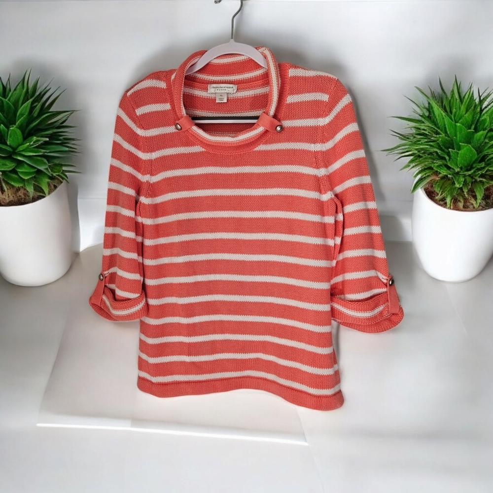 Christopher & Banks Orange & White Rugby Striped Sweater